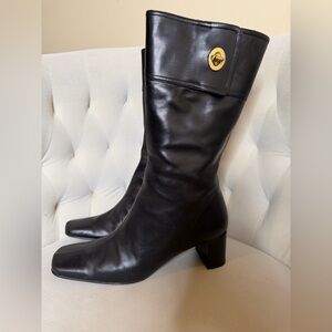 Vintage Coach Black Leather Boots. Italian Mid-calf  Square Heel Turn Lock 8.5